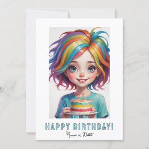 *PHOTO NAME Birthday Card Girl Cake Rainbow