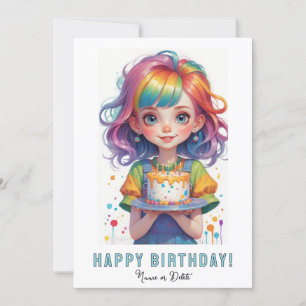 *PHOTO NAME Birthday Girl Cake Rainbow Red Hair Invitation