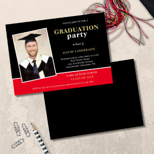 Photo Name Gold Black Red Grad Party Invitation