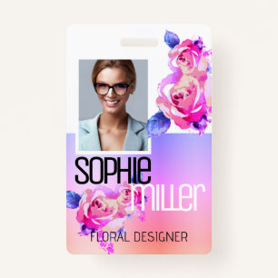 Photo Name Template Rainbow Ombre Flowers Roses ID Badge