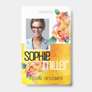 Photo Name Template Yellow Orange Flowers Roses  ID Badge