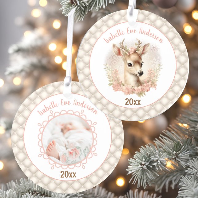 Photo Name Text Baby Girl First Christmas Acrylic Ornament (Deer Baby Girl First Christmas Ornament Acrylic)