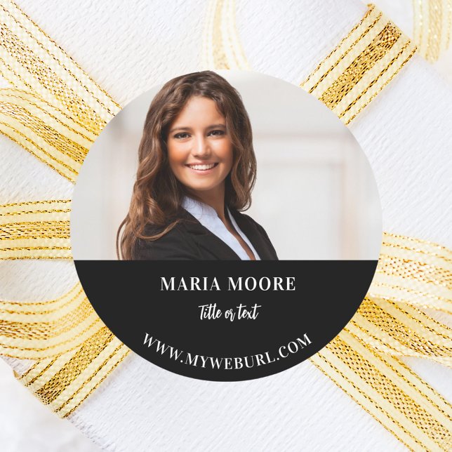 Photo name text contact info black white business classic round sticker (Creator Uploaded)