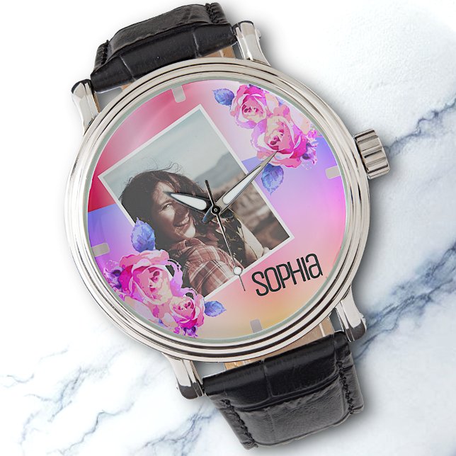 Photo Name Watercolor Floral Pink Flowers Roses  Watch (Creator Uploaded)