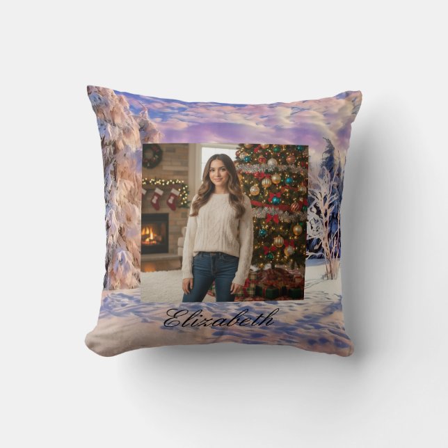 Photo Name Winter Scenery Purple Pink Watercolor  Cushion (Front)