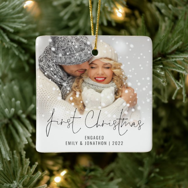 Photo Name Year First Christmas Engaged Ceramic Ornament (Tree)
