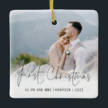 Photo Name Year First Christmas Mr Mrs Ceramic Ornament<br><div class="desc">Photo Overlay Names Year First Christmas As Mr And Mrs. To celebrate your first holiday as a married couple, easily personalise your names and year. With an elegant set script for First Christmas. Choose your favourite photo to replace the sample picture. Changes to colours of text can be made to...</div>