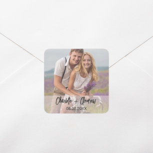 Photo names bride groom wedding favor square sticker