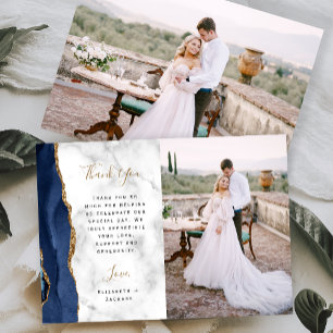 Photo Navy Blue Agate Gold Script Marble Wedding Thank You Card