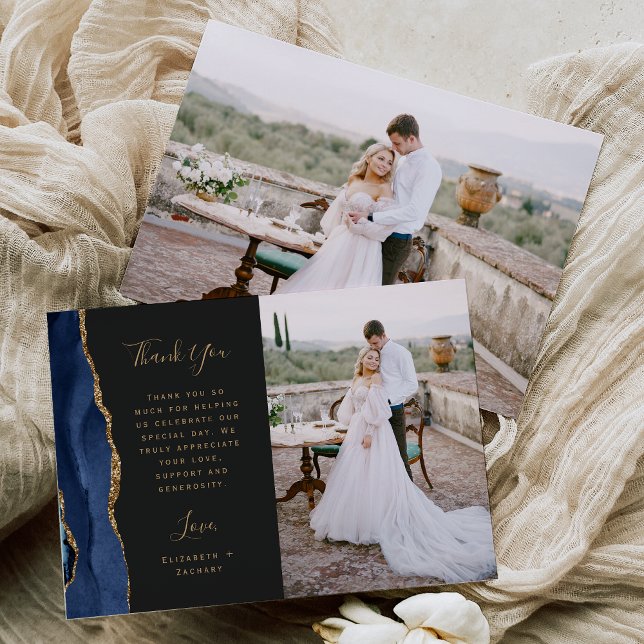 Photo Navy Blue Agate Gold Script Wedding Thank You Card (Creator Uploaded)