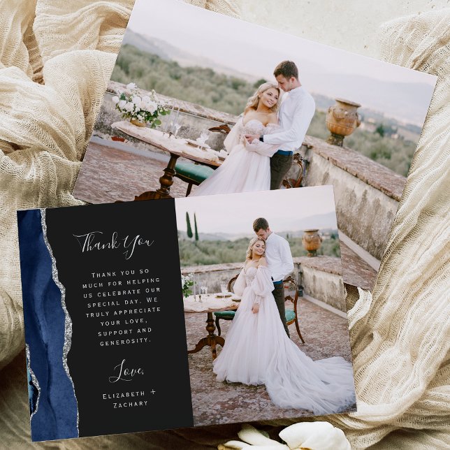 Photo Navy Blue Agate Silver Dark Script Wedding Thank You Card (Creator Uploaded)