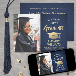 Photo Navy Blue and Gold Elegant Modern Graduation Invitation