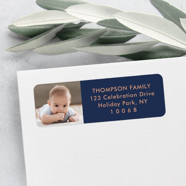 Photo Navy Blue Copper Chic Modern Return Address Label (Creator Uploaded)