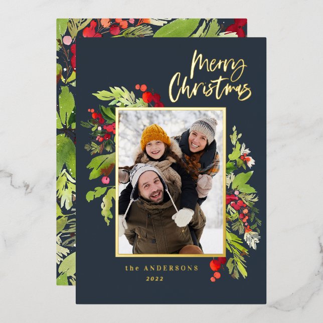 Photo navy blue elegant foliage merry Christmas  Foil Holiday Card (Front/Back)