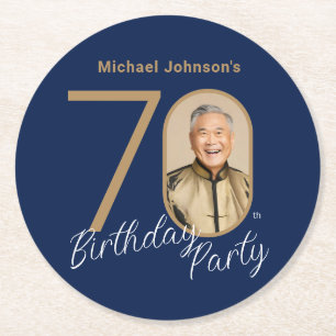 Photo Navy Blue Gold 70th Birthday Round Paper Coaster