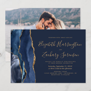 Photo Navy Blue Gold Agate Wedding Invitation