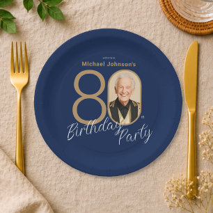 Photo Navy Blue Gold Elegant Custom 80th Birthday  Paper Plate