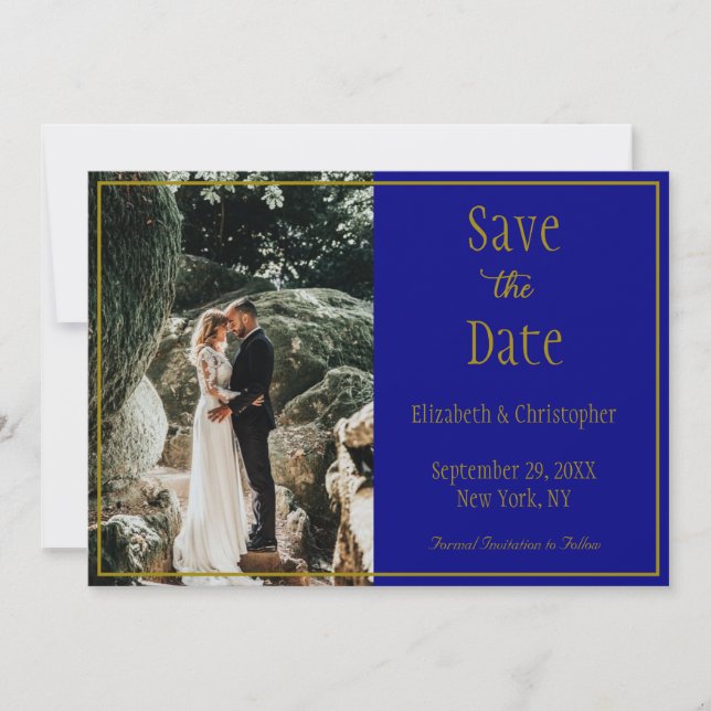 Photo Navy Blue Gold Formal Elegant Wedding Save T Save The Date (Front)