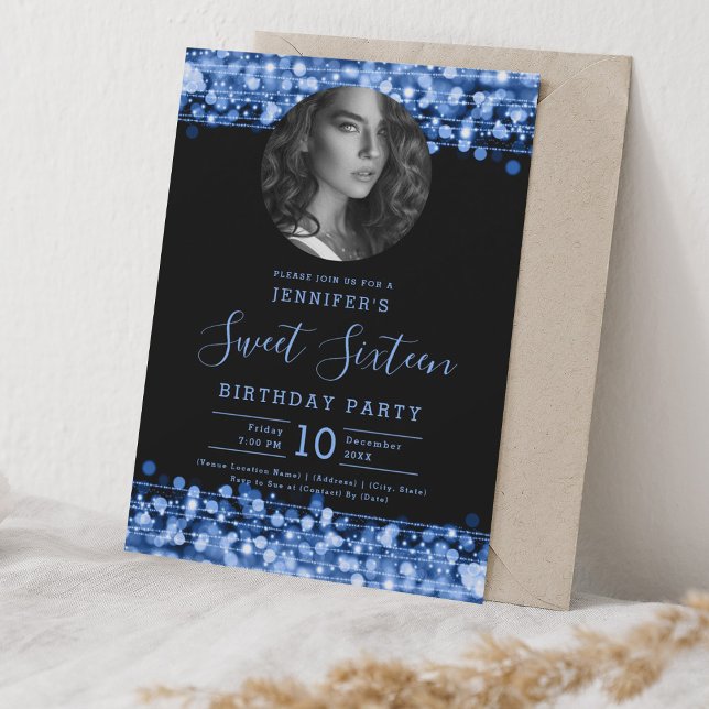 PHOTO Navy Blue Sparkles Sweet 16 Birthday Party Invitation (PHOTO Navy Blue Sparkles Sweet 16 Birthday Party Invitation)