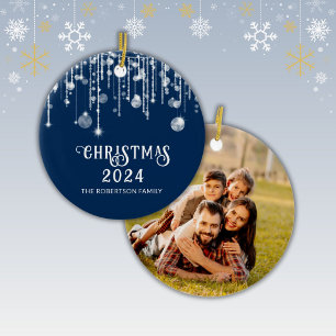 Photo Navy Blue String Lights Christmas Party Ceramic Ornament