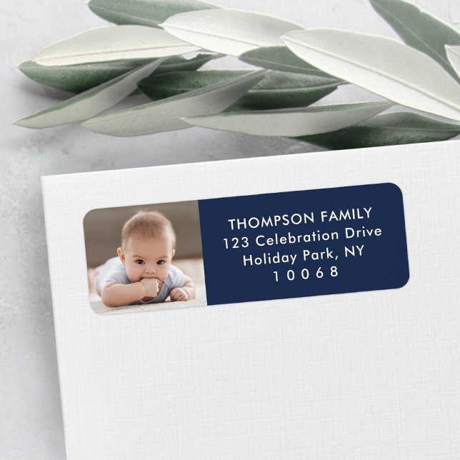 Photo Navy Blue White Simple Modern Return Address Label (Creator Uploaded)