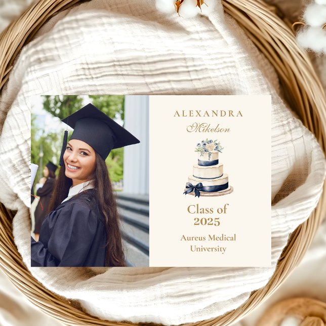 Photo Navy Gold Floral Graduation  Announcement (Creator Uploaded)