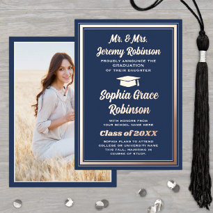 Photo Navy Rose Gold Foil Graduation Announcement