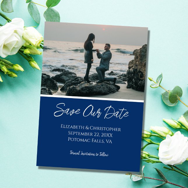 Photo Navy White Wedding Save the Date Card (Creator Uploaded)