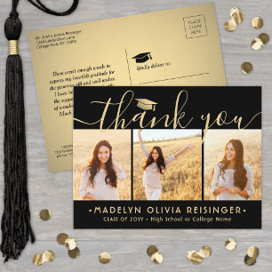 Photo New Address Black Gold Graduation Thank You Postcard