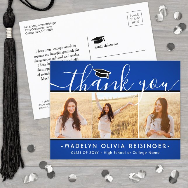 Photo New Address Graduation Blue White Thank You Postcard (Creator Uploaded)