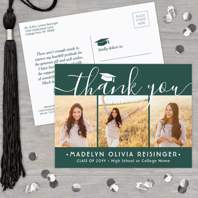 Photo New Address Graduation Green White Thank You Postcard (Creator Uploaded)