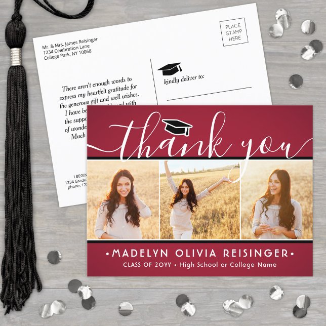 Photo New Address Graduation Red White Thank You Postcard (Creator Uploaded)