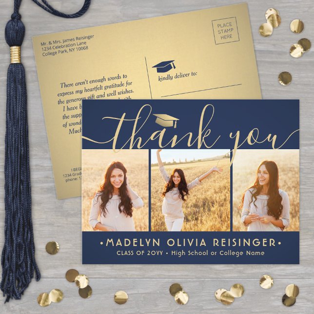 Photo New Address Navy & Gold Graduation Thank You Postcard (Creator Uploaded)