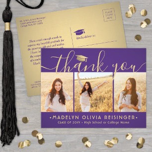 Photo New Address Purple Gold Graduation Thank You Postcard