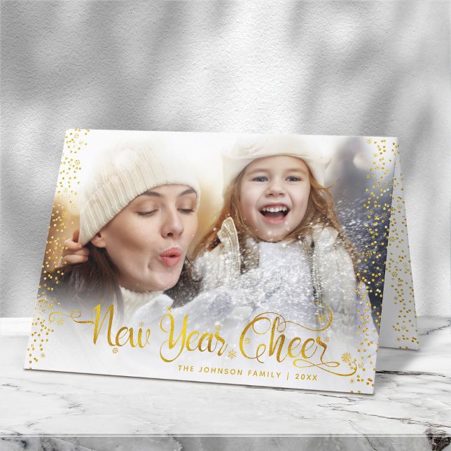 Photo New Year Cheer Modern Script Gold Snowflakes Holiday Card (Creator Uploaded)