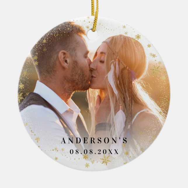 Photo newly weds gold snow christmas ceramic ornament (Front)