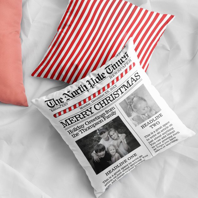 Photo North Pole Newspaper Christmas Trendy Cushion (Christmas cute whimsical newspaper print photo throw pillow.)
