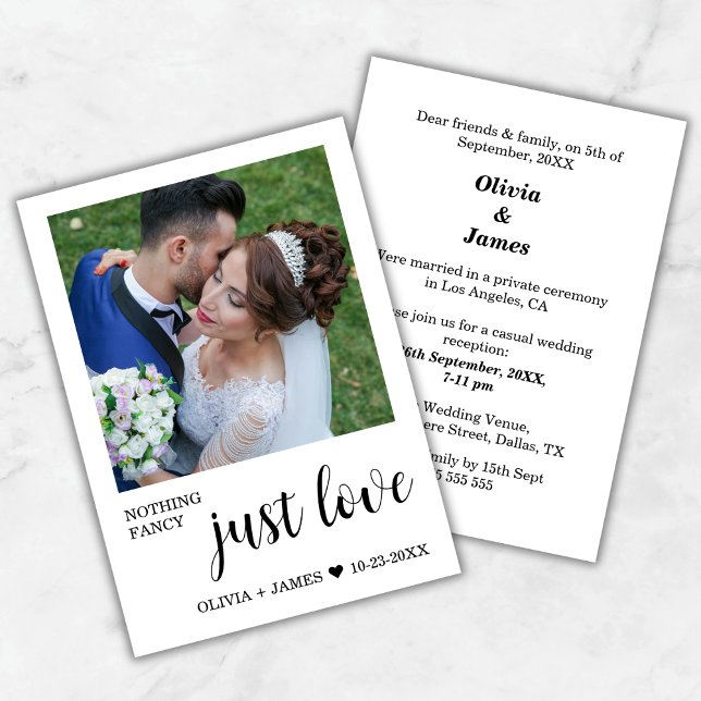 Photo Nothing Fancy Just Love Wedding Reception   Invitation (Photo White Nothing Fancy Just Love Wedding Reception Invitation )