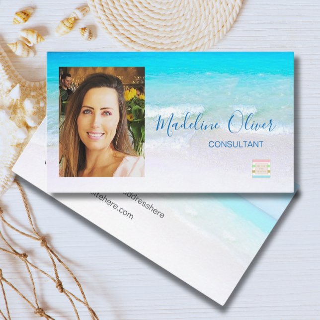 Photo Ocean Beach Sea Travel Logo Blue   Business Card (Creator Uploaded)