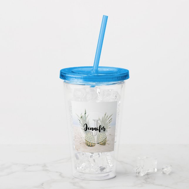 Photo of 2 Pineapples on a Beach Monogram Acrylic Tumbler (Back Ice)