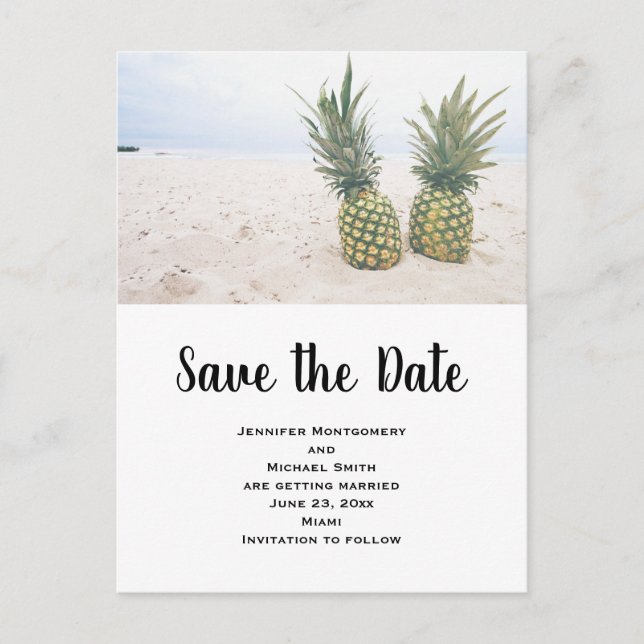 Photo of 2 Pineapples on a Beach Save the Date Invitation Postcard (Front)