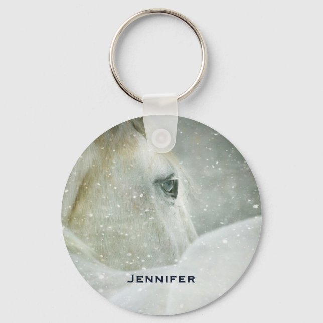 Photo of a Beautiful White Horse in Winter Key Ring (Front)