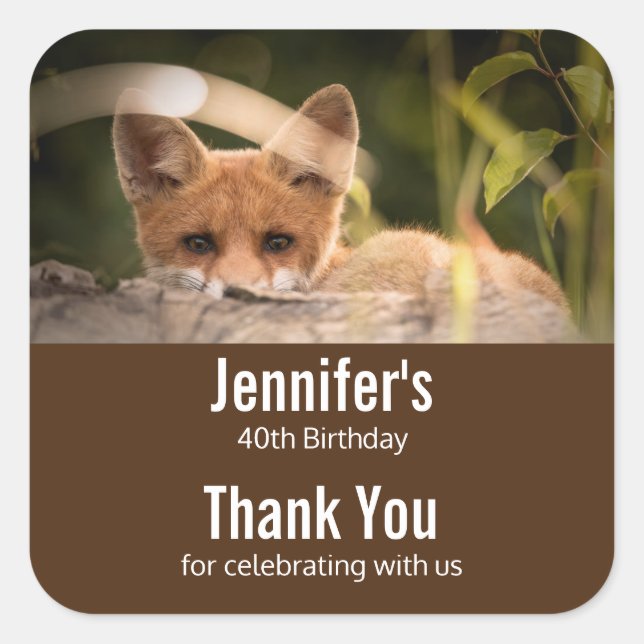 Photo of a Cute Little Orange Fox Birthday Favour Square Sticker (Front)