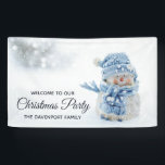 Photo of a Cute Snowman in Winter - Christmas Banner<br><div class="desc">Christmas party banner with a cute photograph of a little snowman. Standing outside in the winter with snow falling all around. This cute little guy is dressed up in blue knitted hat and scarf.</div>