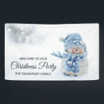 Photo of a Cute Snowman in Winter - Christmas Banner<br><div class="desc">Christmas party banner with a cute photograph of a little snowman. Standing outside in the winter with snow falling all around. This cute little guy is dressed up in blue knitted hat and scarf.</div>