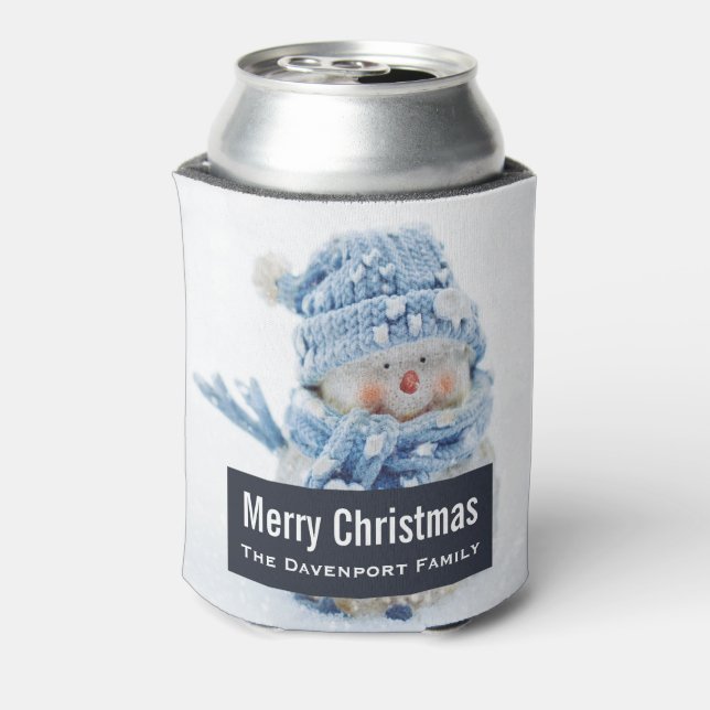 Photo of a Cute Snowman in Winter - Christmas Can Cooler (Can Back)