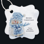 Photo of a Cute Snowman in Winter - Christmas Favour Tags<br><div class="desc">Merry Christmas gift tag with a cute photograph of a little snowman. Standing outside in the winter with snow falling all around. This cute little guy is dressed up in blue knitted hat and scarf.  Snowflake pattern with a dark blue background,  on the backside.</div>