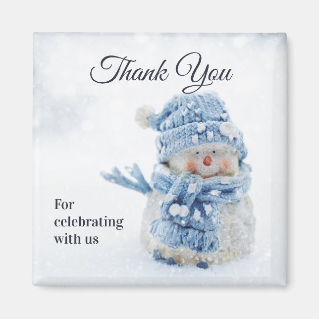 Photo of a Cute Snowman in Winter Thank You Magnet (Front)