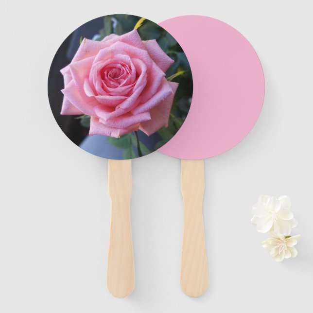 Photo of a pink rose on a hand held fan (Front and Back)