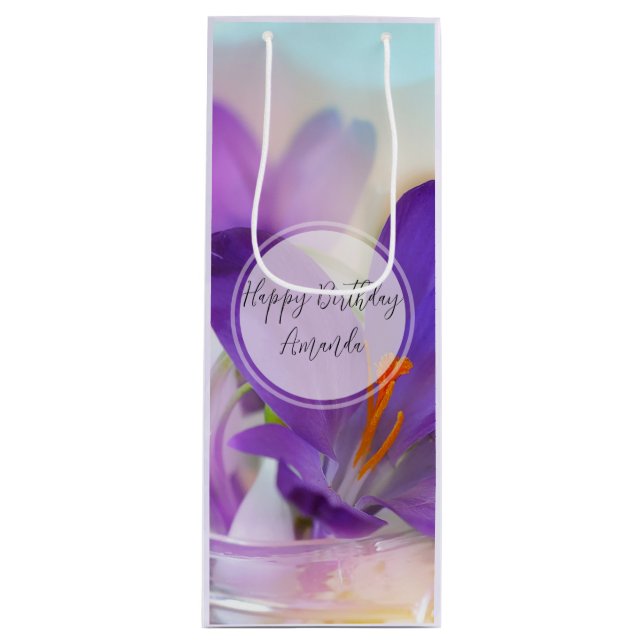 Photo of a Pretty Purple Spring Crocus Birthday Wine Gift Bag (Front)